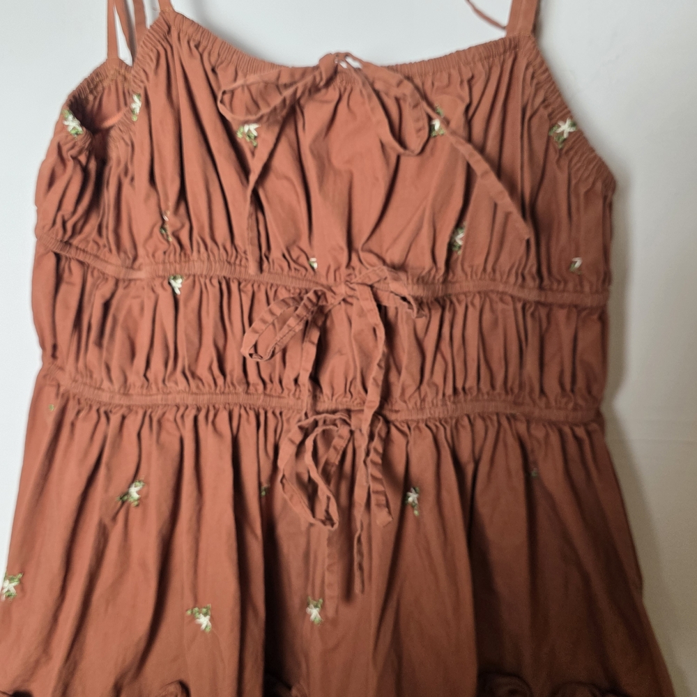 En Saison Embroidered Midi Dress Tie Strap Brown Cottagecore Boho Size Large - Picture 3 of 5